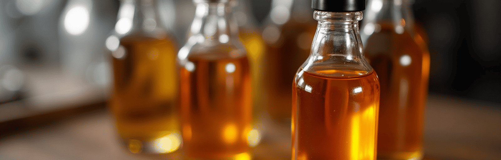 E-liquid bottles in warm light — UK-regulated nicotine vape products.