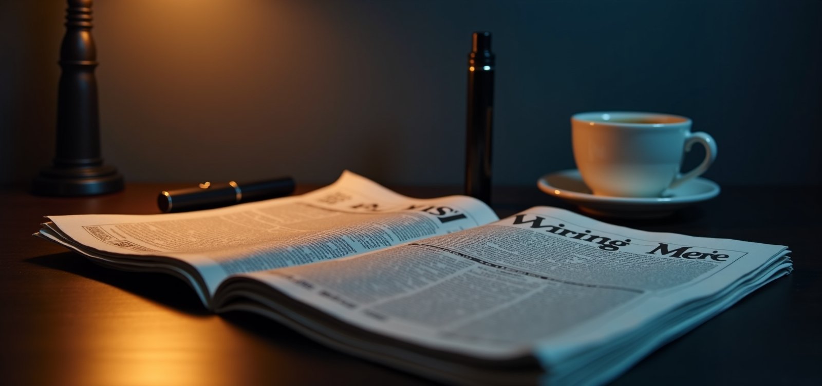 Open newspaper, vape pen and a steaming mug under a warm lamp
