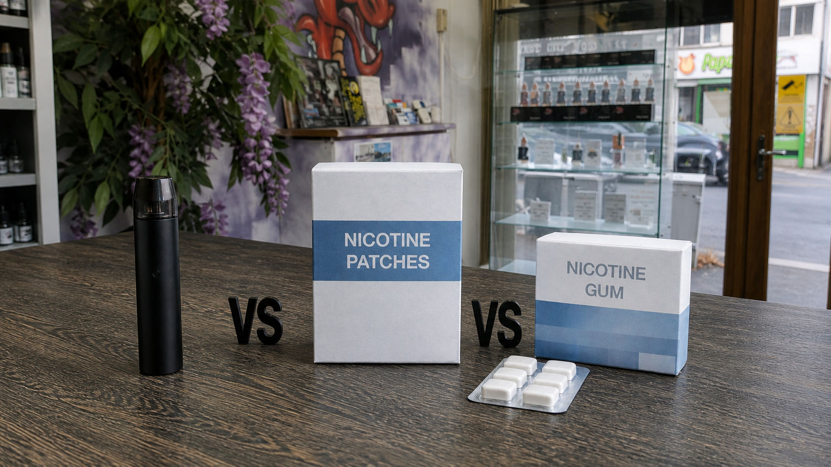Refillable vape compared with nicotine patches and nicotine gum on the Ecig Switch shop counter in Blackpool